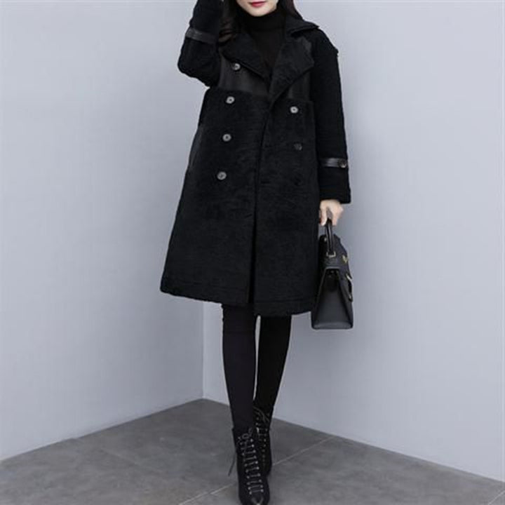 Lamb hair mid-length coat with faux fur