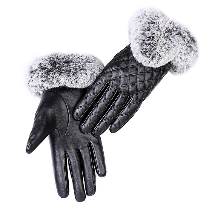 Ladies Fur Ball Pu Gloves