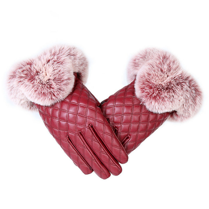 Ladies Fur Ball Pu Gloves