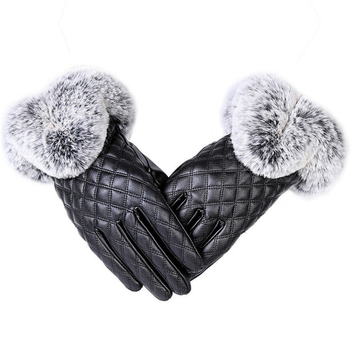 Ladies Fur Ball Pu Gloves