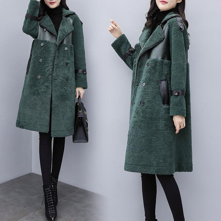 Lamb hair mid-length coat with faux fur