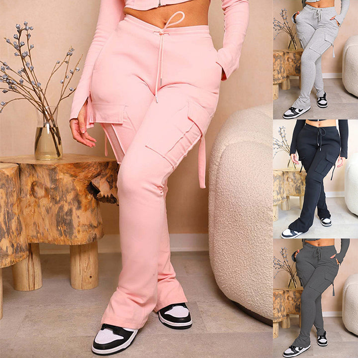 Pants With Pockets High Waist Drawstring Wide Leg Straight Trousers For Women Overalls