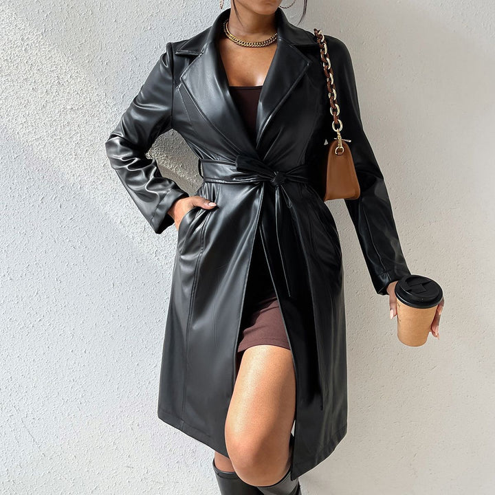 Long Sleeve Lapel PU Leather Jacket With Pockets Slim Fit Long Trench Coat Women's Clothing