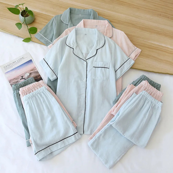 women's pajamas three-piece set short sleeves + shorts + trousers 100% cotton