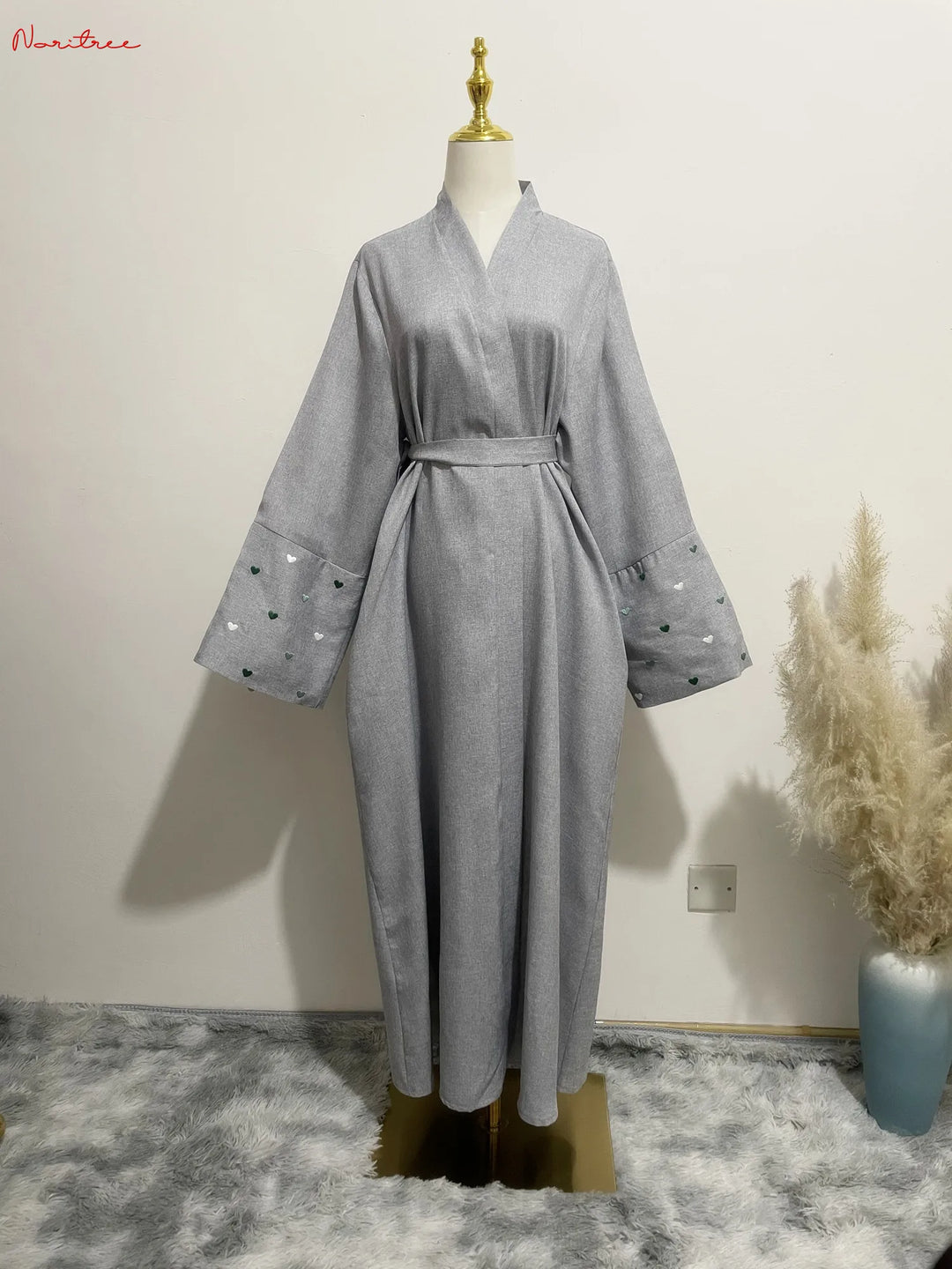 Love Embroidery Kimono With Belt Oversized Muslim Robe abaya female full length Muslim abaya