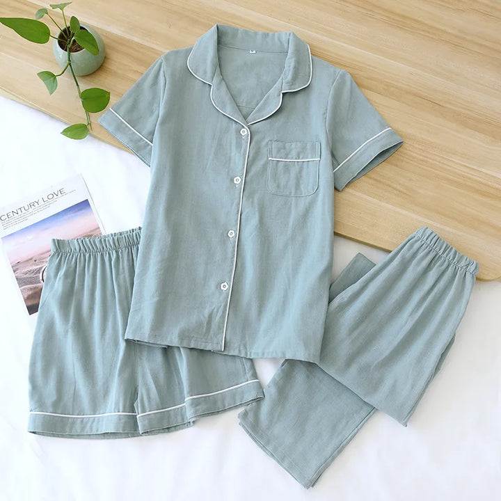 women's pajamas three-piece set short sleeves + shorts + trousers 100% cotton