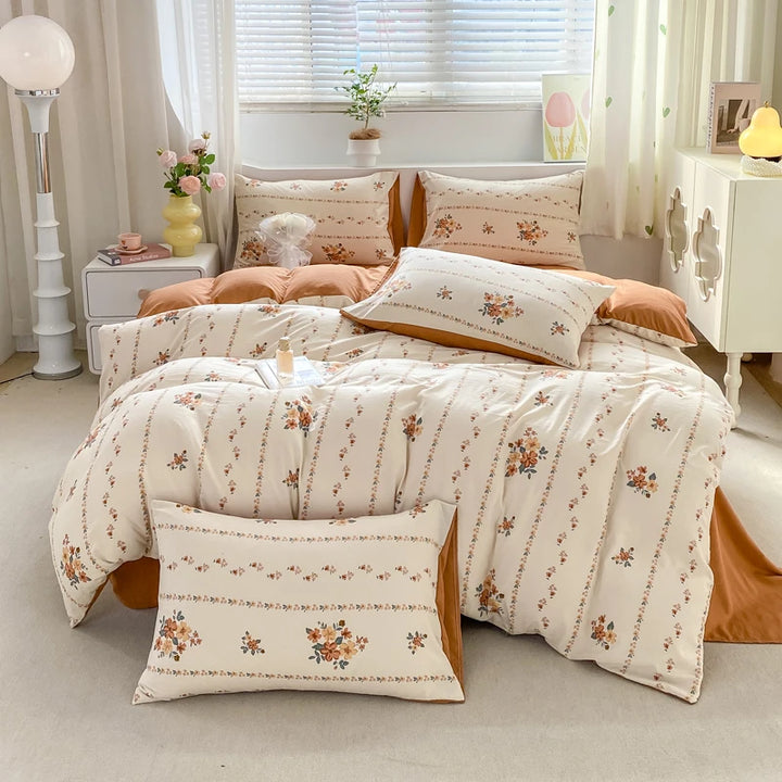 Korean Retro Floral Bedding Set 100% Washed Cotton