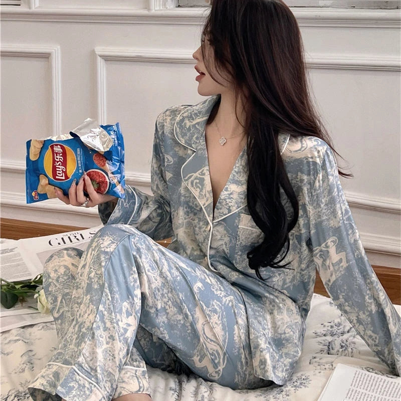 New Ice Silk Women Pajama2 Piece Set