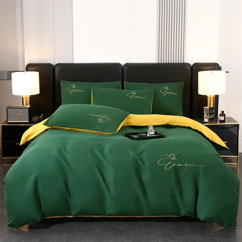 Bedding Set High Quality Skin Friendly Quilt Cover Set Solid Color Embroidery Cover Set Single Double Queen Duvet Cover