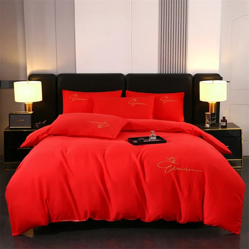 Bedding Set High Quality Skin Friendly Quilt Cover Set Solid Color Embroidery Cover Set Single Double Queen Duvet Cover