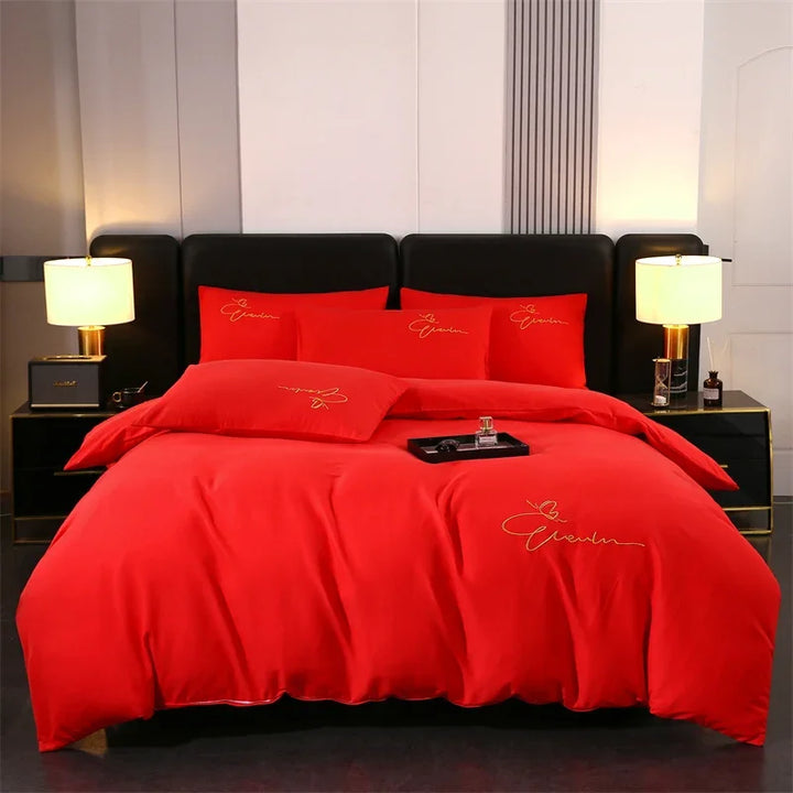 Bedding Set High Quality Skin Friendly Quilt Cover Set Solid Color Embroidery Cover Set Single Double Queen Duvet Cover