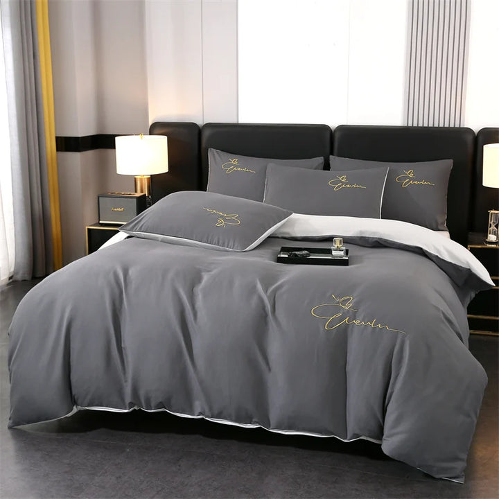 Bedding Set High Quality Skin Friendly Quilt Cover Set Solid Color Embroidery Cover Set Single Double Queen Duvet Cover