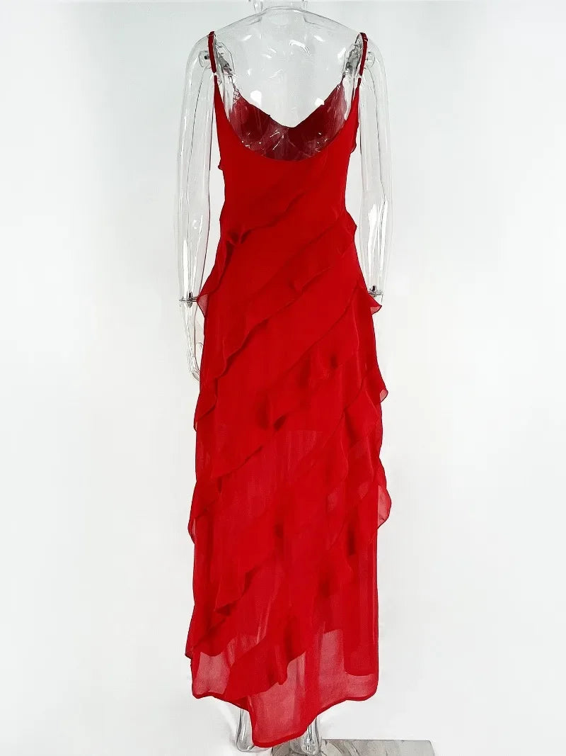 2024 Elegant Red Chiffon Slip Dresses for Women Sexy