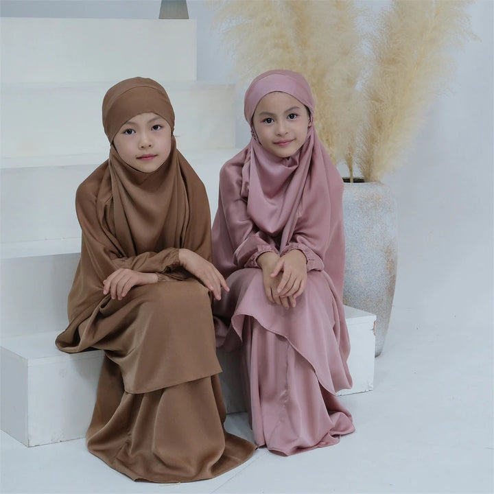 Kids Prayer Garment Dress Muslim Girls Long Khimar Hijab