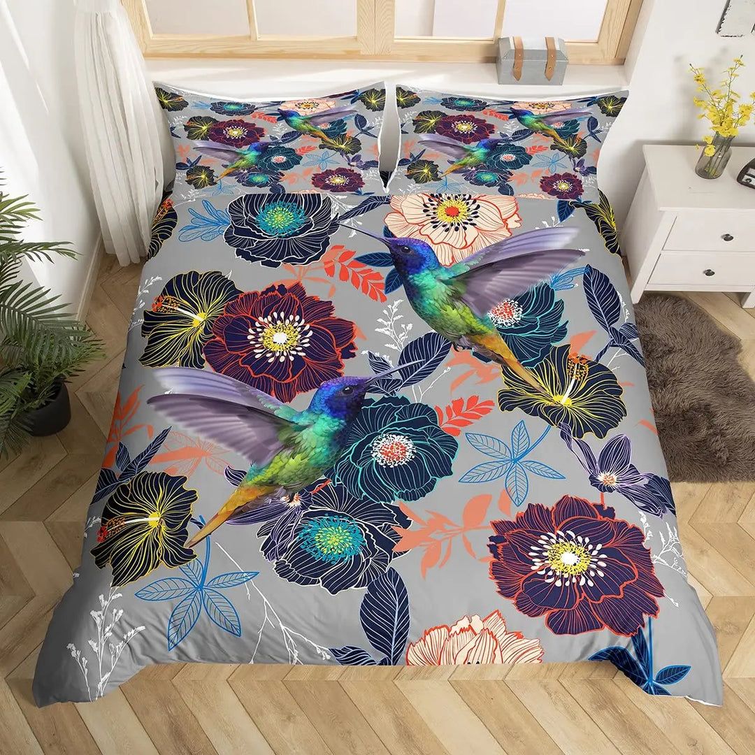 Watercolor Hummingbird Duvet Cover Set, Decorative 3 Piece Bedding Set with 2 Pillow Shams, Full King Queen Size, Bedroom Decor