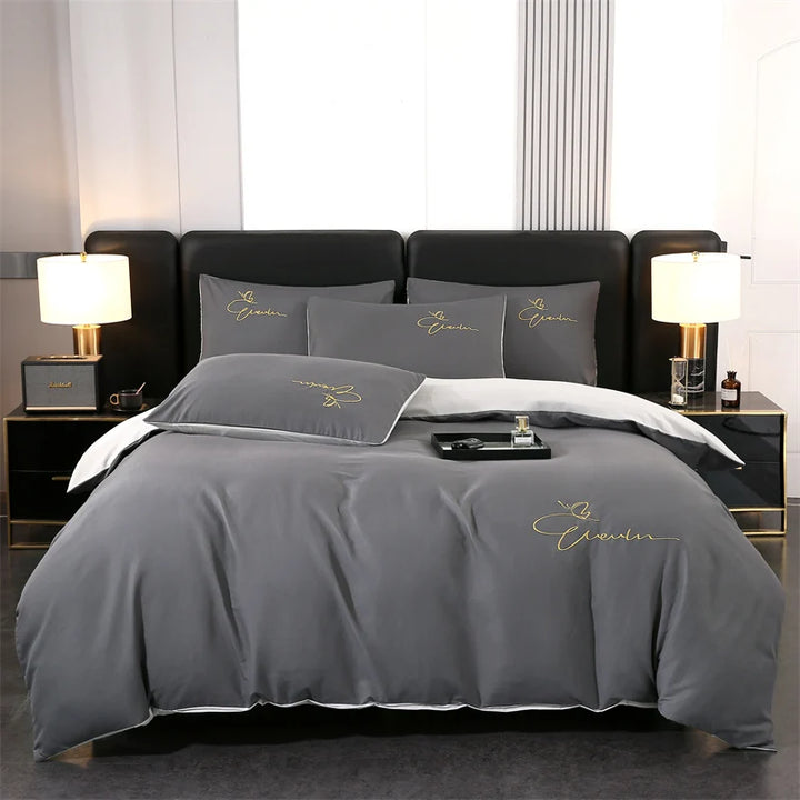 Bedding Set High Quality Skin Friendly Quilt Cover Set Solid Color Embroidery Cover Set Single Double Queen Duvet Cover