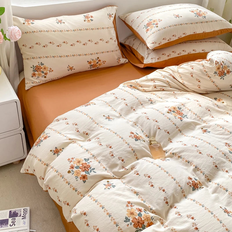 Korean Retro Floral Bedding Set 100% Washed Cotton