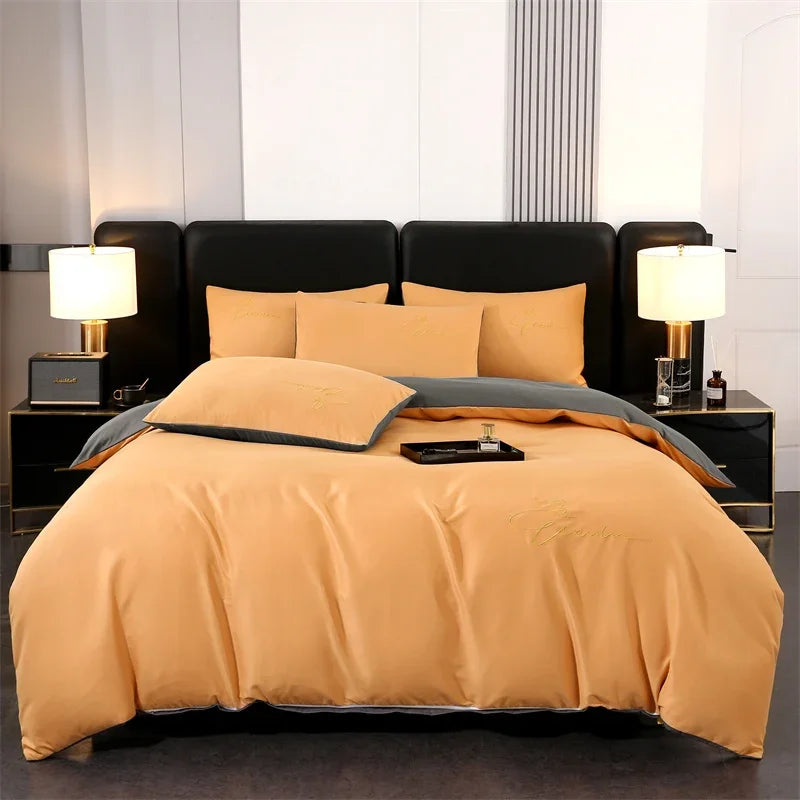 Bedding Set High Quality Skin Friendly Quilt Cover Set Solid Color Embroidery Cover Set Single Double Queen Duvet Cover