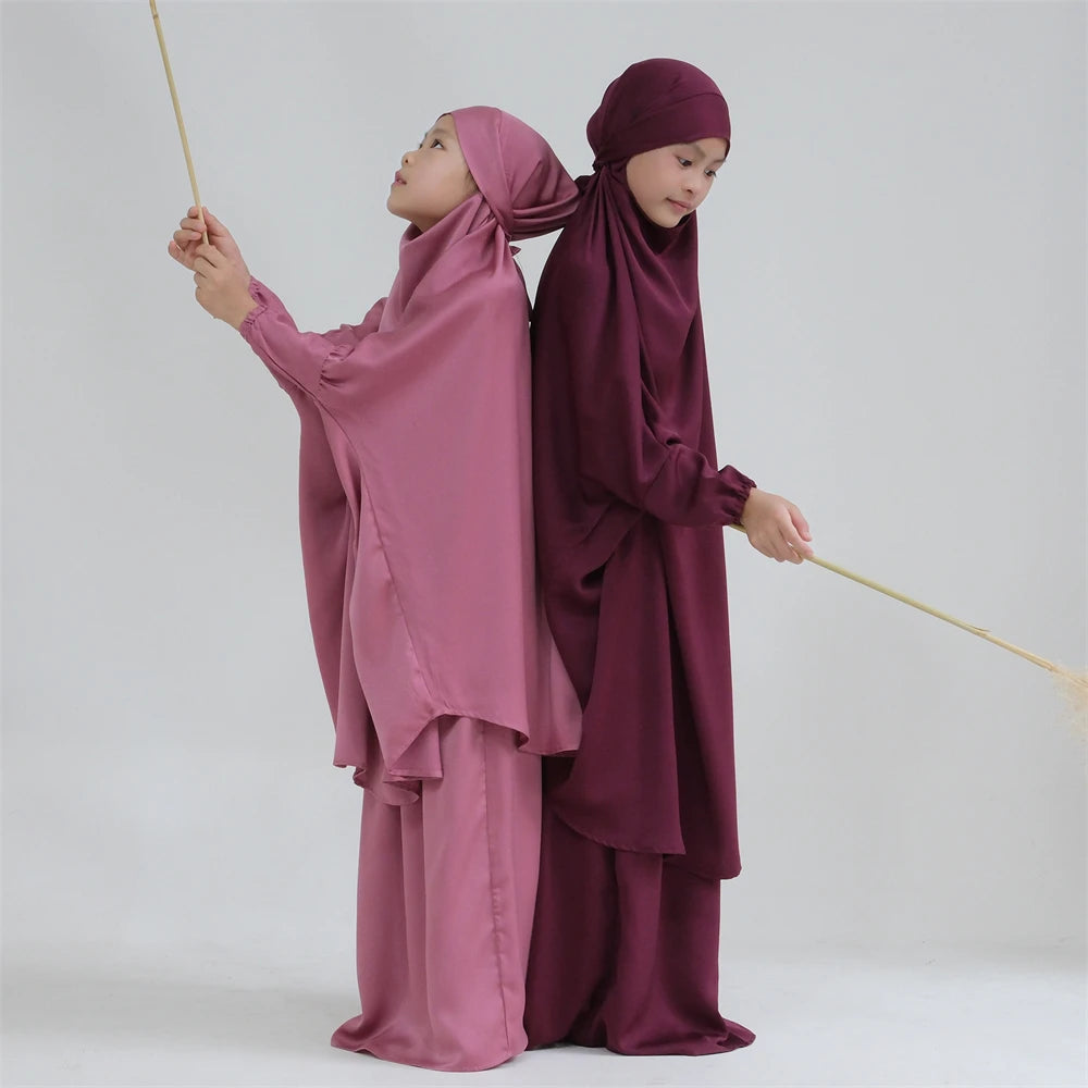 Kids Prayer Garment Dress Muslim Girls Long Khimar Hijab