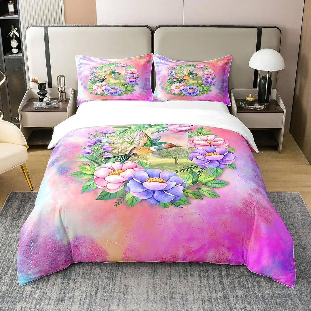 Watercolor Hummingbird Duvet Cover Set, Decorative 3 Piece Bedding Set with 2 Pillow Shams, Full King Queen Size, Bedroom Decor