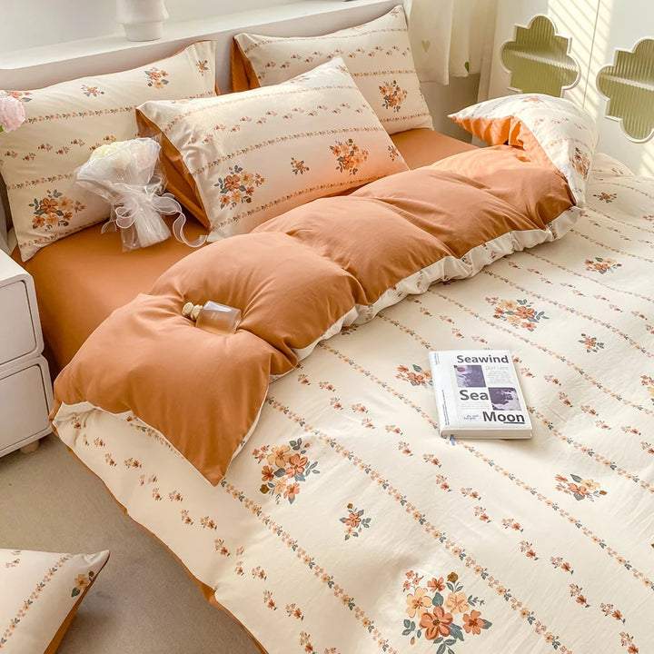 Korean Retro Floral Bedding Set 100% Washed Cotton