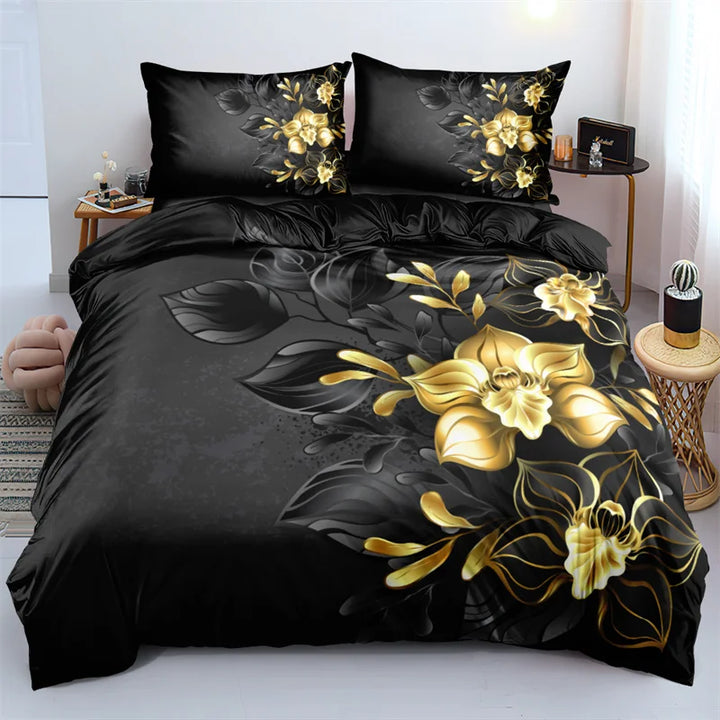 3D Design Flower Duvet Cover Sets King Queen Twin Size Floral Print Bedding Set Bedroom Decor Dark Gold Flowers for Girls Women