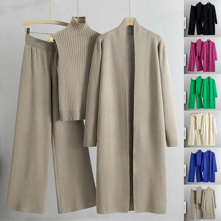 Sweater Long Cardigan And Wide-leg Pants Three-piece Set