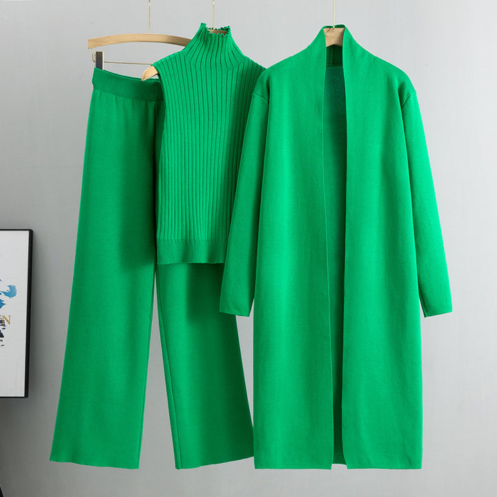 Sweater Long Cardigan And Wide-leg Pants Three-piece Set