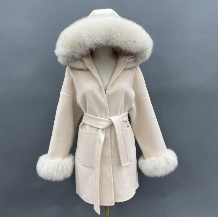 Fur Collar Hood Woolen Coat